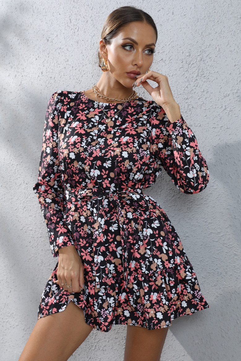 Autumn New Plus Size Floral Printing Inelastic Casual Minimalist Mini Dress With Belt