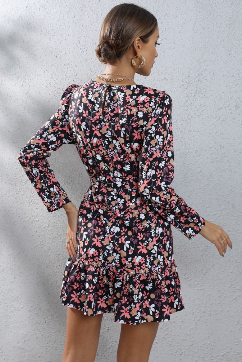 Autumn New Plus Size Floral Printing Inelastic Casual Minimalist Mini Dress With Belt