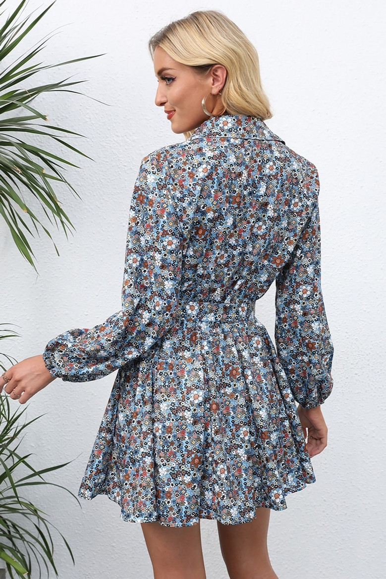 Autumn New Plus Size Floral Printing Inelastic Turndown Collar Single-Breasted Casual Pastoral Style Mini Dress With Belt