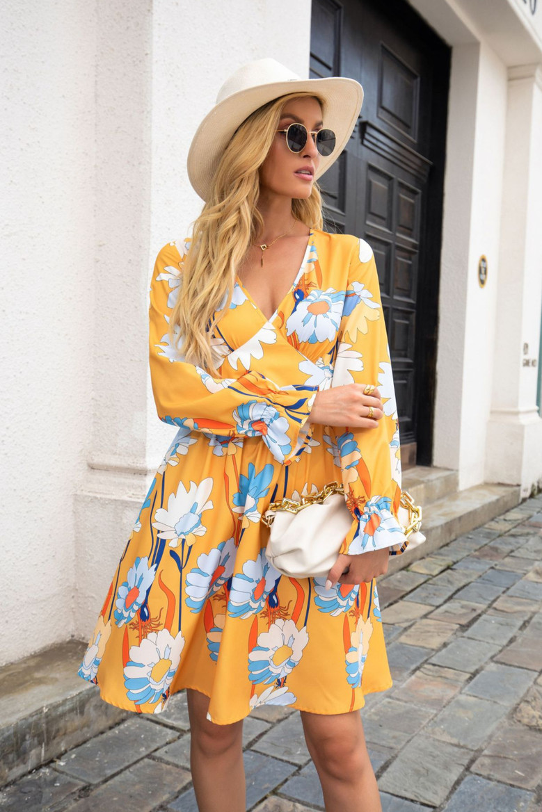 Autumn New Plus Size Flower Batch Printing Stretch V-Neck Stylish Pastoral Style Mini Dress