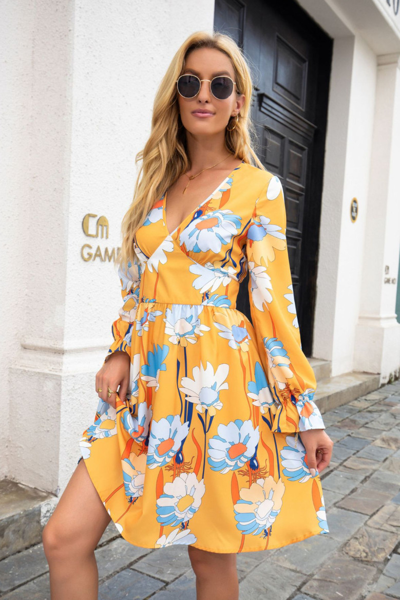 Autumn New Plus Size Flower Batch Printing Stretch V-Neck Stylish Pastoral Style Mini Dress