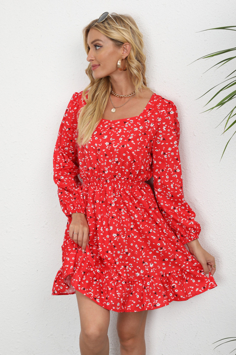Autumn New Plus Size Three Colors Floral Printing Inelastic Ruffle Stylish Sweet Pastoral Style Mini Dress