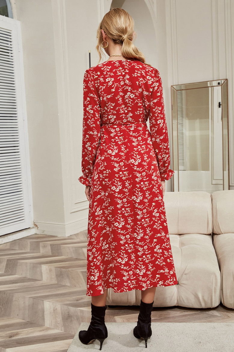 Autumn New Red Floral Printing Micro-Elastic V-Neck Tie-Waist Stylish Pastoral Style Midi Dress