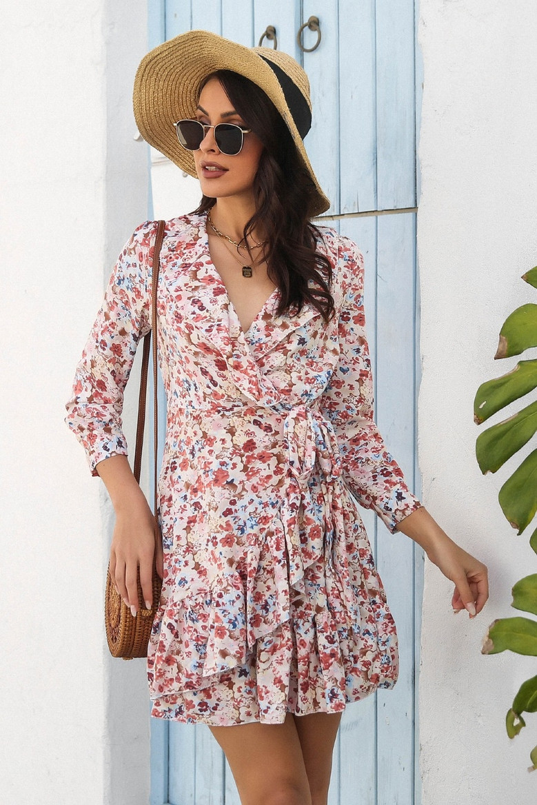 Autumn New Stylish Batch Printing Inelastic V-Neck 9-Point Sleeves Ruffled Casual Mini Dress