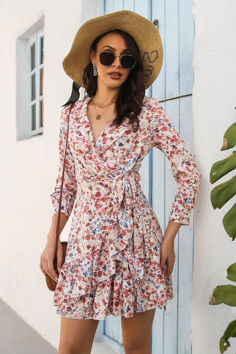 Autumn New Stylish Batch Printing Inelastic V-Neck 9-Point Sleeves Ruffled Casual Mini Dress