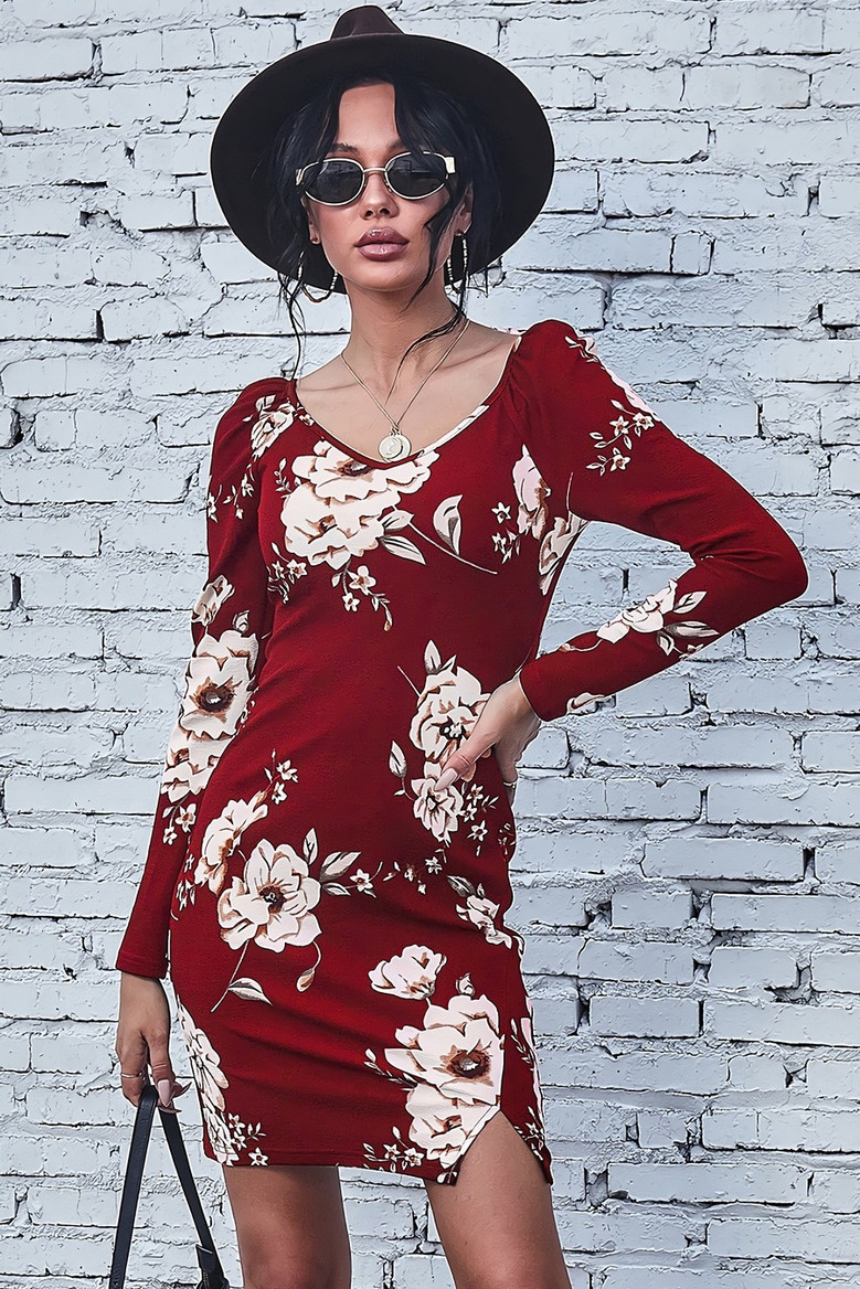 Autumn New Stylish Batch Printing Slim Slit Micro-Elastic Sexy Mini Dress