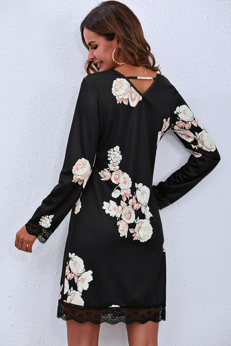 Autumn New Stylish Batch Printing Stretch Patchwork Lace Casual Mini Dress