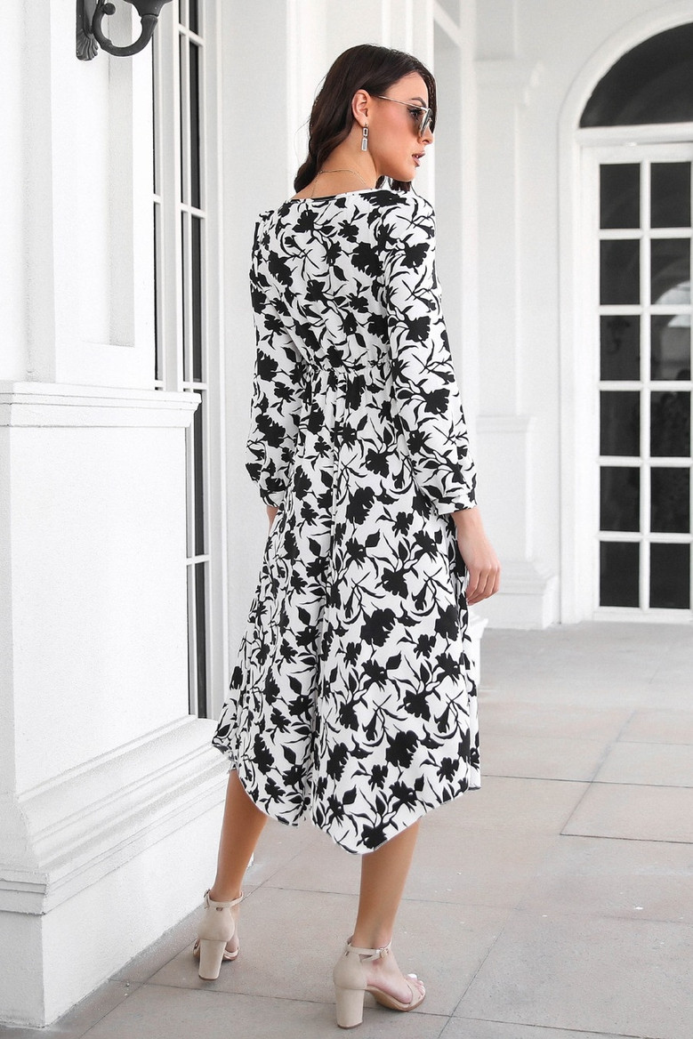 Autumn New Stylish Inelastic Batch Printing Irregular Loose Casual Midi Dress