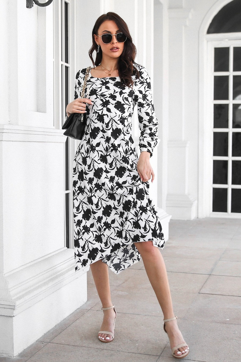 Autumn New Stylish Inelastic Batch Printing Irregular Loose Casual Midi Dress