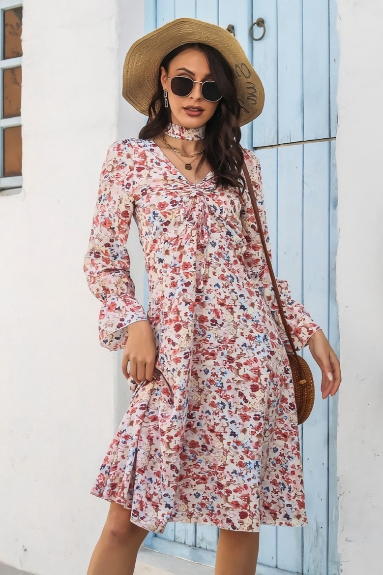 Autumn New Stylish Inelastic Batch Printing Lacing Shirring Flared Sleeves Casual Midi Dress
