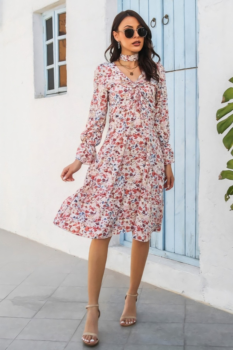 Autumn New Stylish Inelastic Batch Printing Lacing Shirring Flared Sleeves Casual Midi Dress