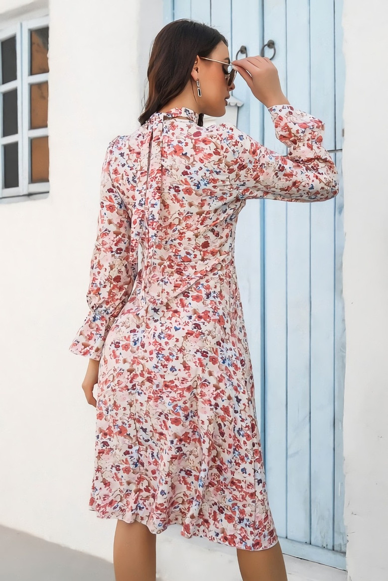 Autumn New Stylish Inelastic Batch Printing Lacing Shirring Flared Sleeves Casual Midi Dress