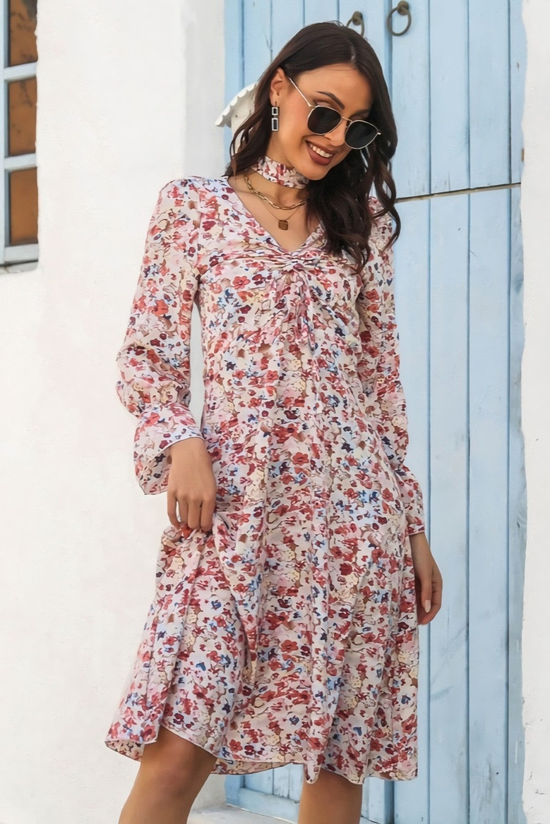 Autumn New Stylish Inelastic Batch Printing Lacing Shirring Flared Sleeves Casual Midi Dress