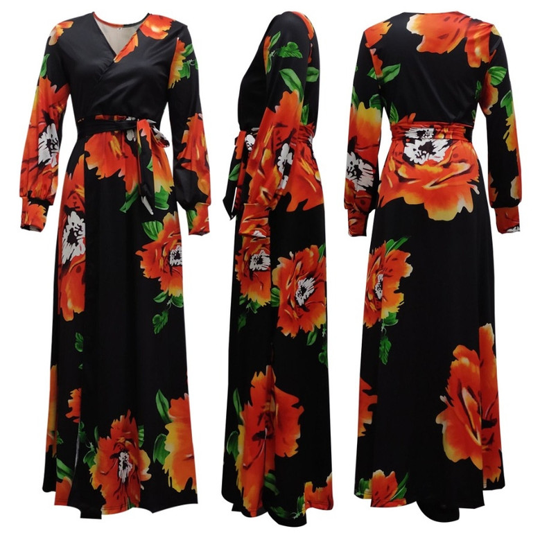 Autumn New Stylish Slit V-Neck Batch Printing Plus Size Micro-Elastic Maxi Casual Dress(With Belt)