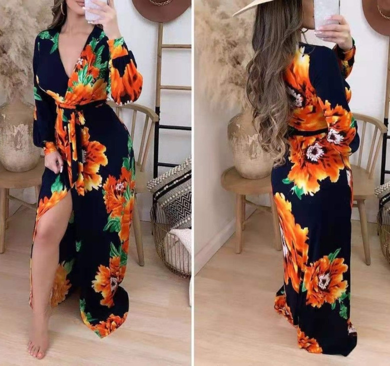 Autumn New Stylish Slit V-Neck Batch Printing Plus Size Micro-Elastic Maxi Casual Dress(With Belt)