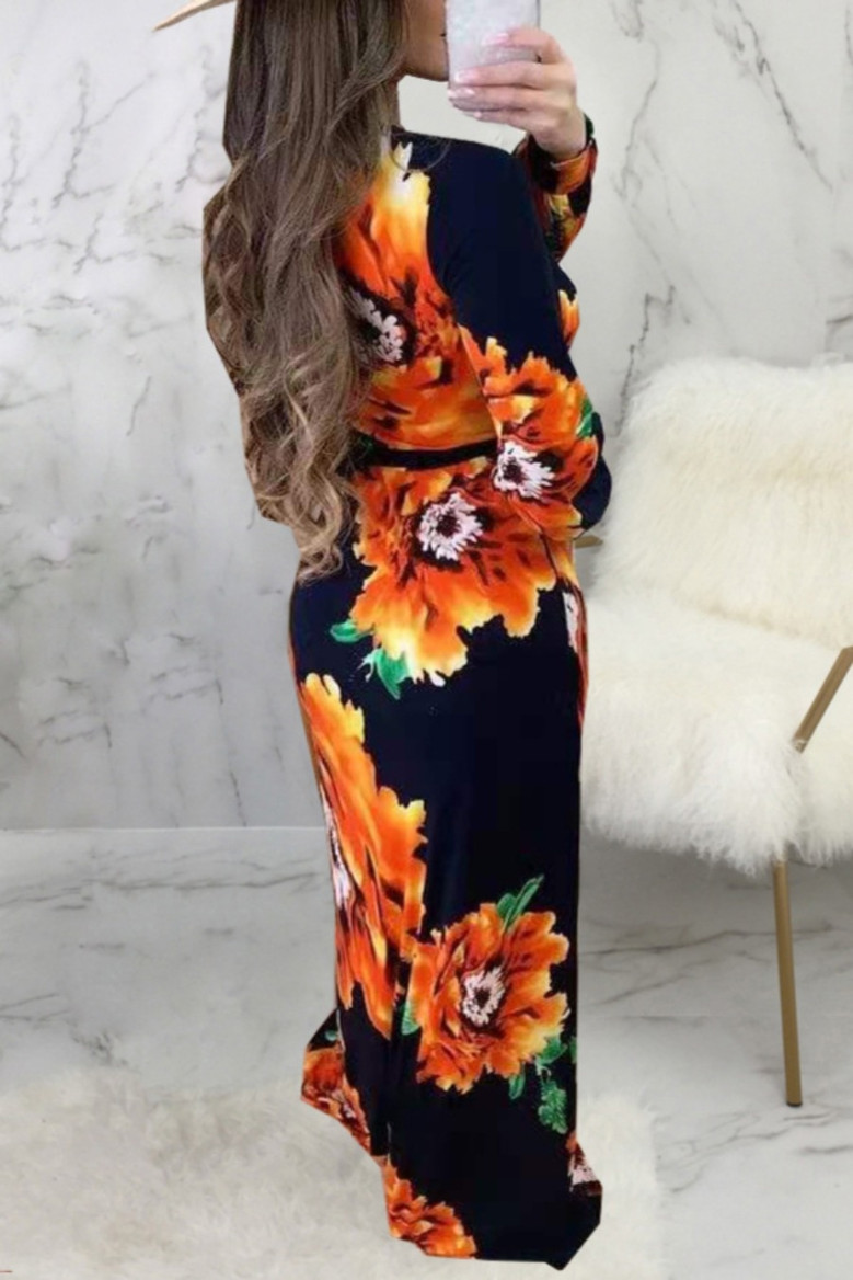 Autumn New Stylish Slit V-Neck Batch Printing Plus Size Micro-Elastic Maxi Casual Dress(With Belt)