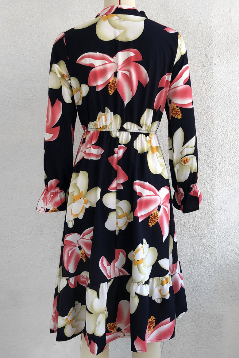 Autumn New Stylish Trumpet Sleeve Inelastic Batch Printing Casual Midi Dress