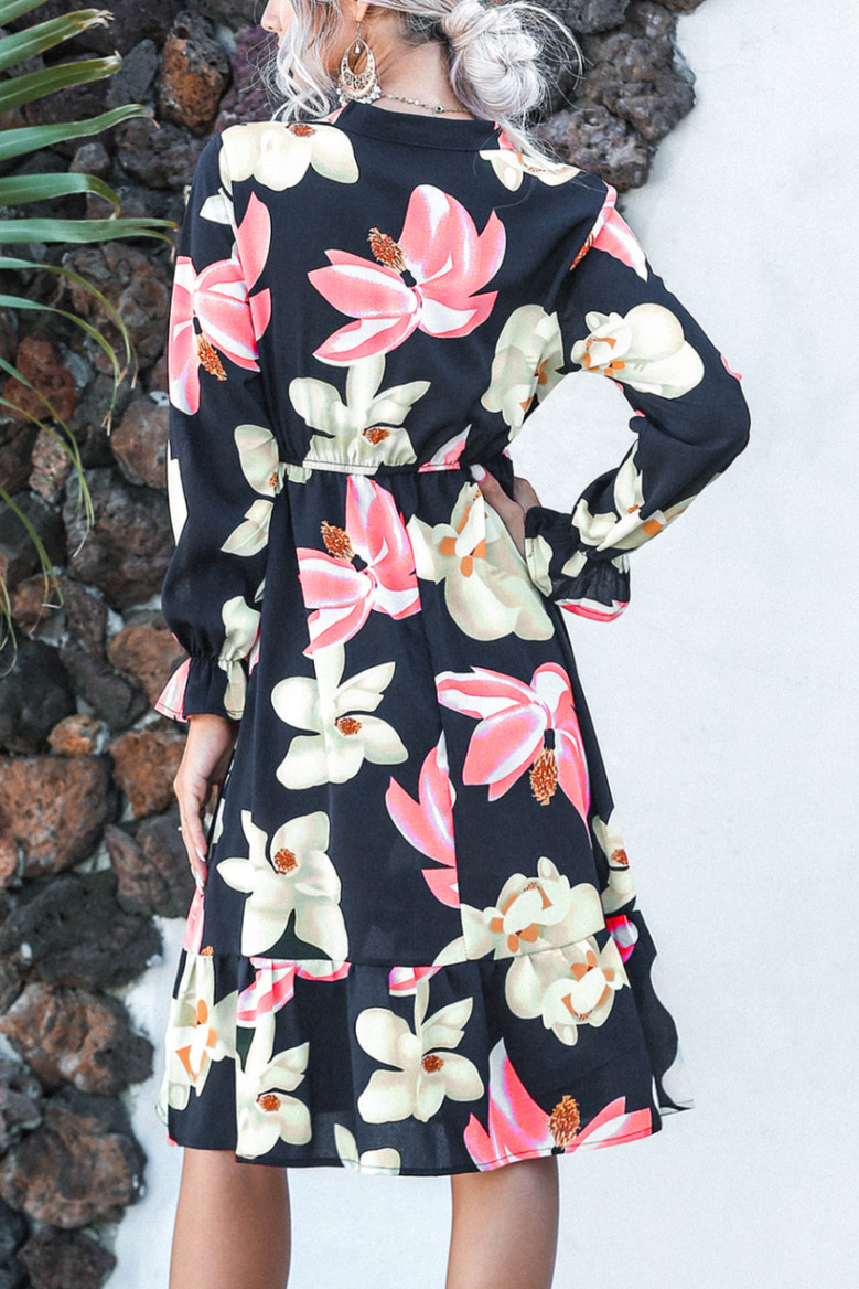Autumn New Stylish Trumpet Sleeve Inelastic Batch Printing Casual Midi Dress