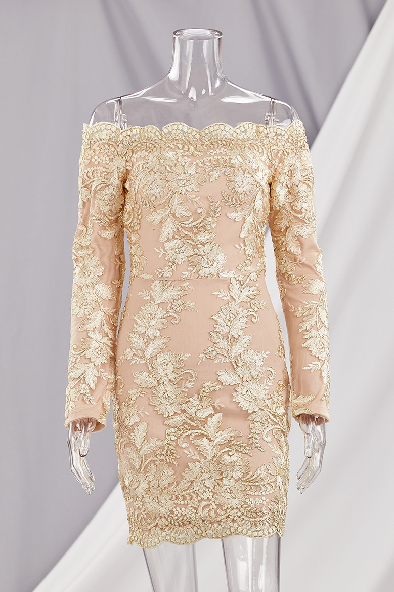 Autumn Off Shoulder Floral Embroidered New Stylish Slim Mini Evening Dress
