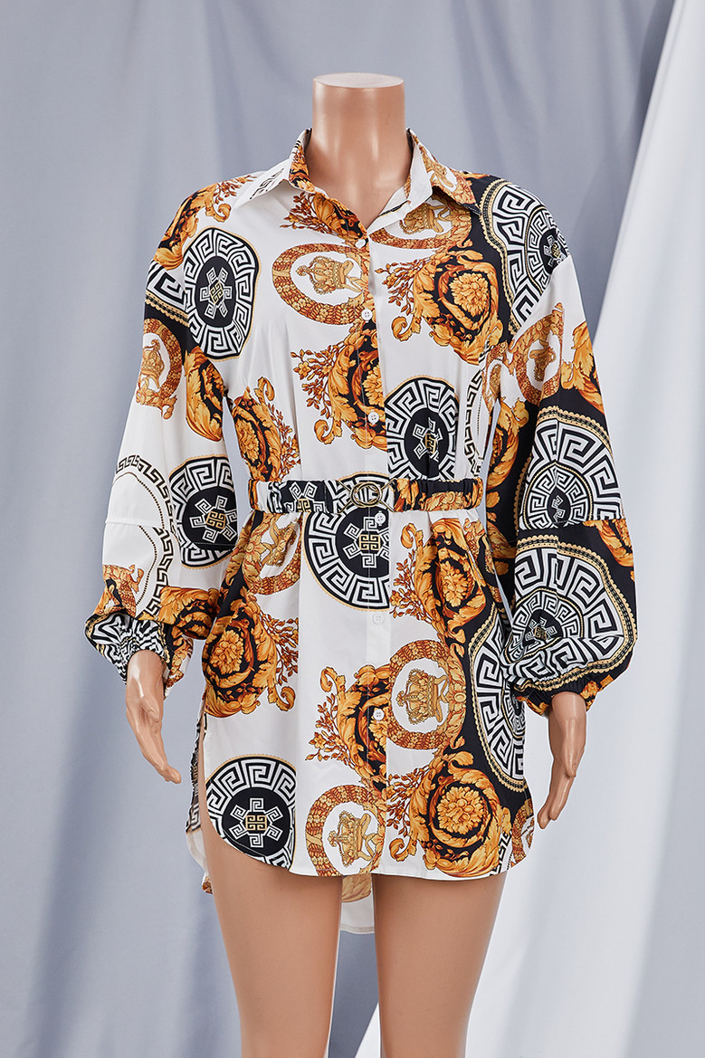 Autumn Plus Size Batch Printing Single Breasted Inelastic Loose Irregular Mini Dress (With Belt)
