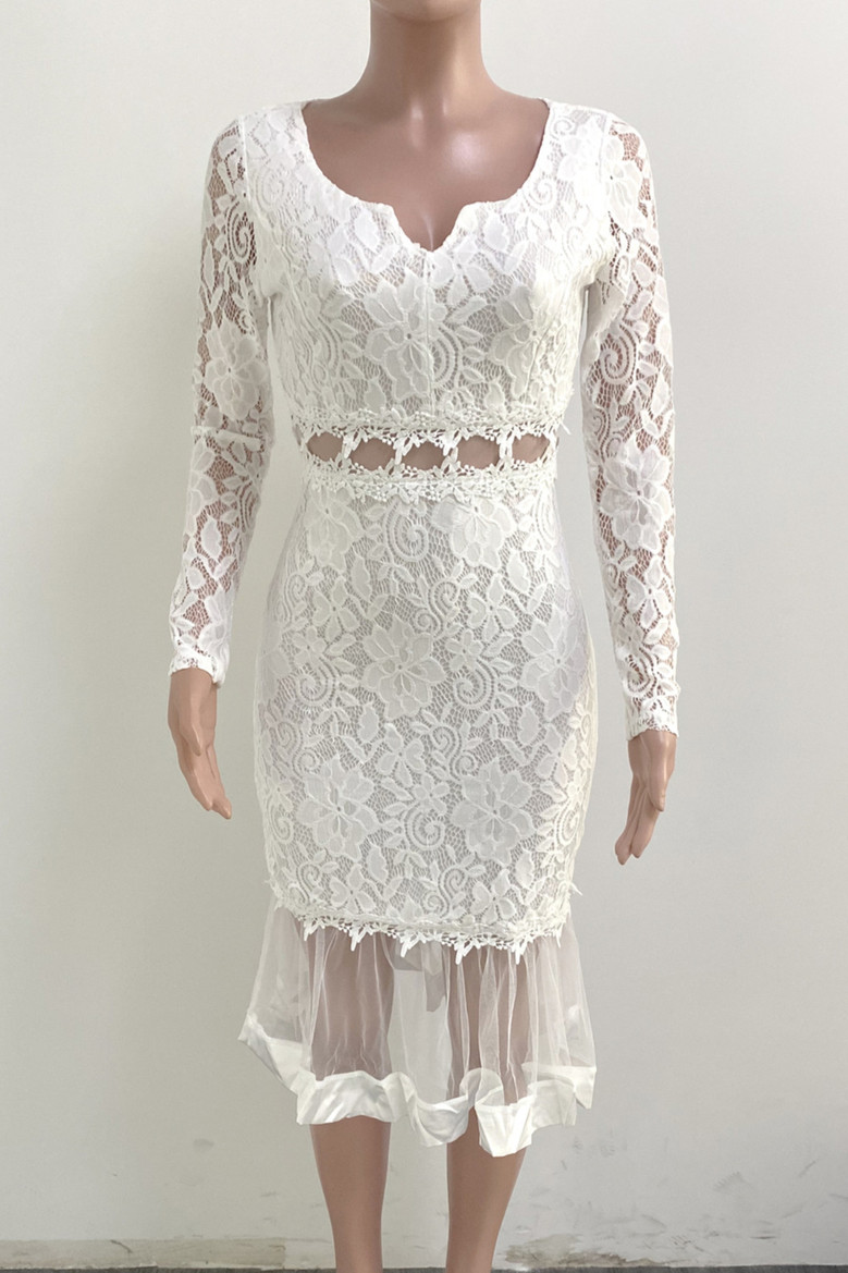 Autumn Plus Size Two Colors Lace And See Through Mesh Spliced Micro-Elastic Zip-Up Back Elegant Fishtail Midi Dress