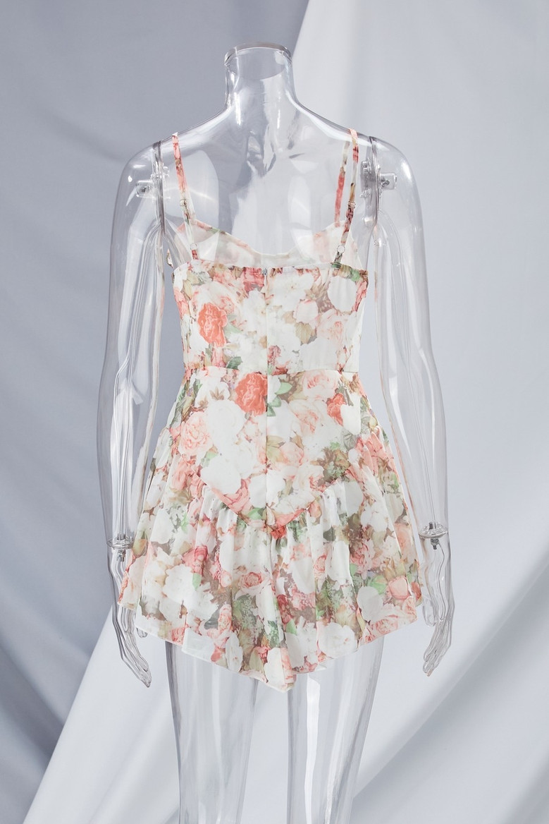 Custom Xs-L Summer New Floral Printing Inelastic Backless Adjustable Straps Ruffle Hem Panties Lining Spliced Sexy Mini Dress