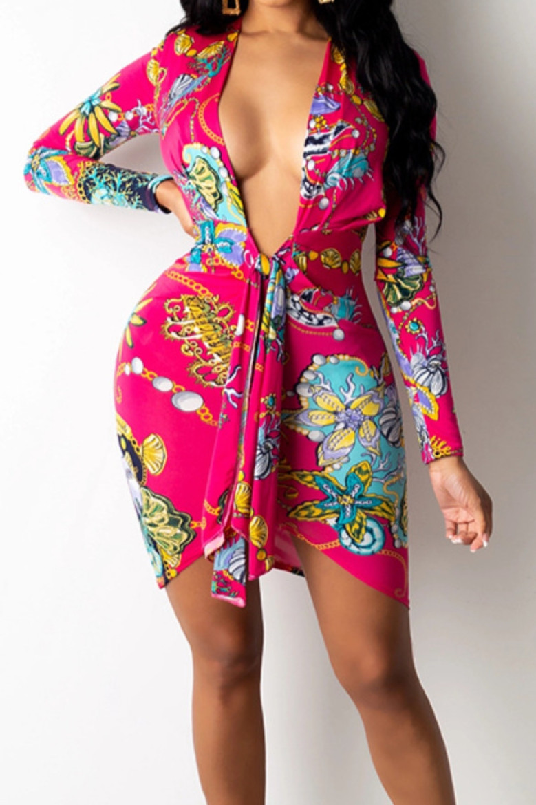 Digital Batch Printing Plus Size Autumn Deep V-Neck Stretch Tight Slim Mini Dress