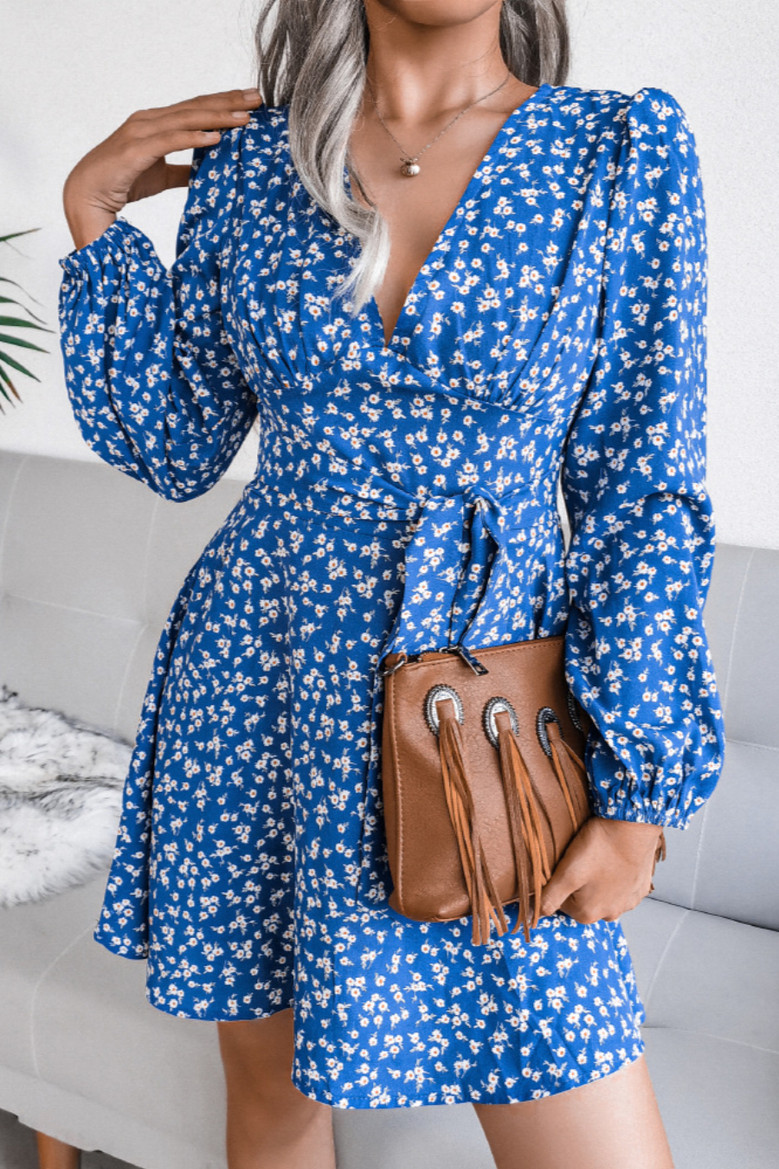 Early Autumn Floral Batch Printing New Stylish V-Neck Lace-Up Loose Chiffon Mini Dress
