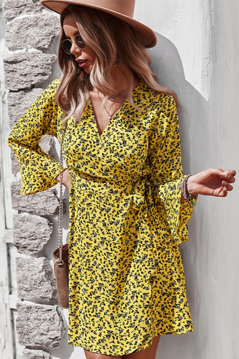 Early Autumn Long Micro Flare Sleeve Casual Batch Printing Bandage Inelastic Mini Dress