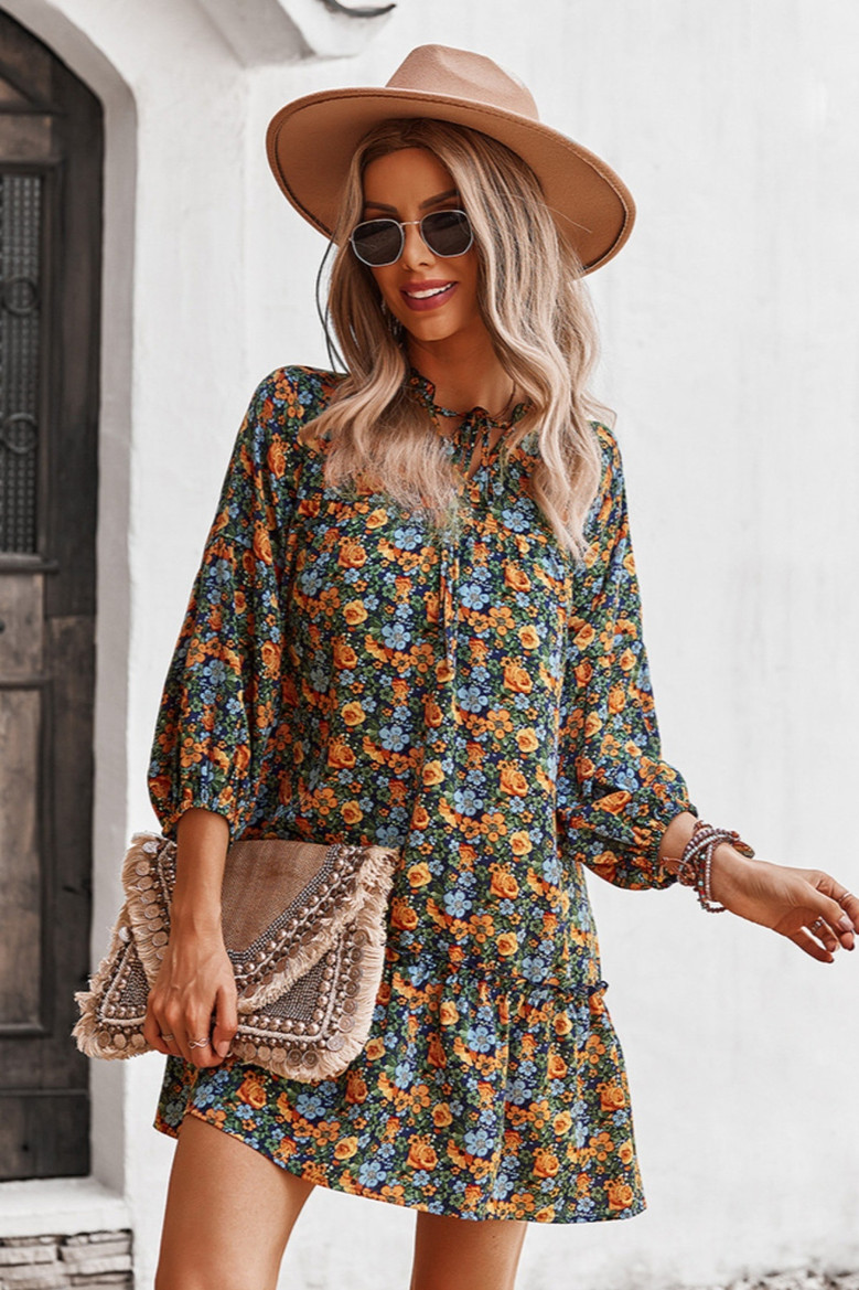 Early Autumn Long Sleeve Casual Batch Printing Inelastic Lace-Up Cutout Mini Dress