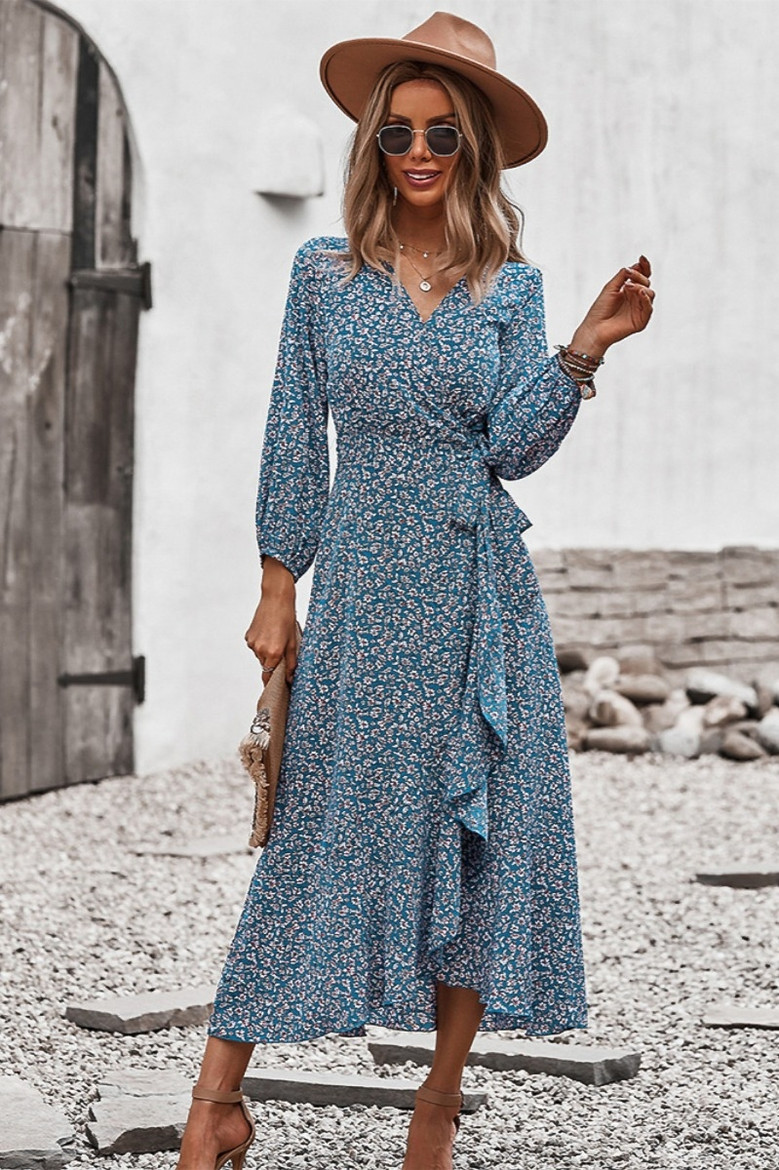 Early Autumn Long Sleeve Casual Batch Printing With A Belt Bandage Inelastic Holiday Style With Big Skirt Midi Dress