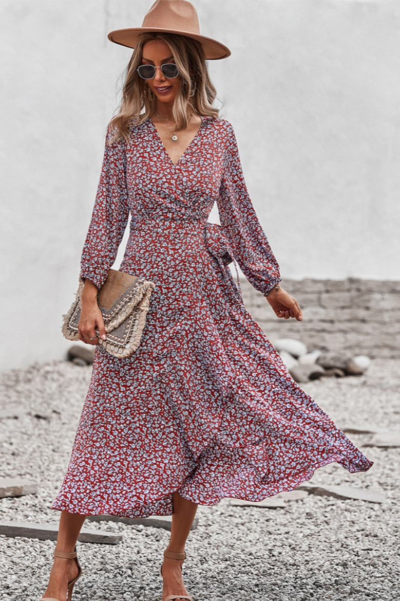 Early Autumn Long Sleeve Casual Batch Printing With A Belt Bandage Inelastic Holiday Style With Big Skirt Midi Dress