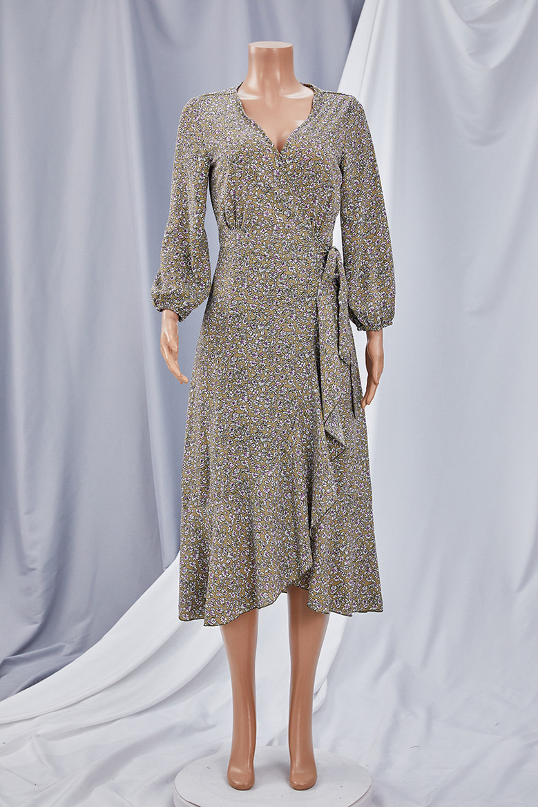 Early Autumn Long Sleeve Casual Batch Printing With A Belt Bandage Inelastic Holiday Style With Big Skirt Midi Dress