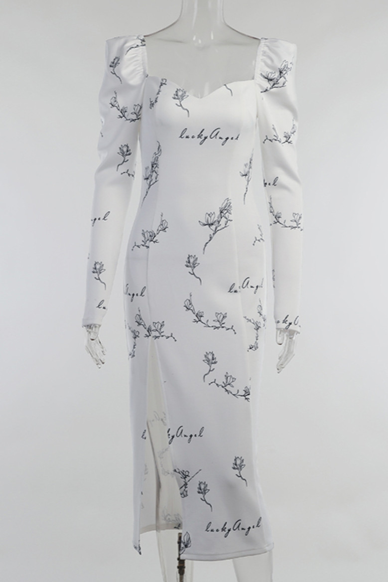Early Autumn Temperament Square Neck Long Sleeve Letty "Lucky Angel" Batch Printing Stretch High Split Midi Dress
