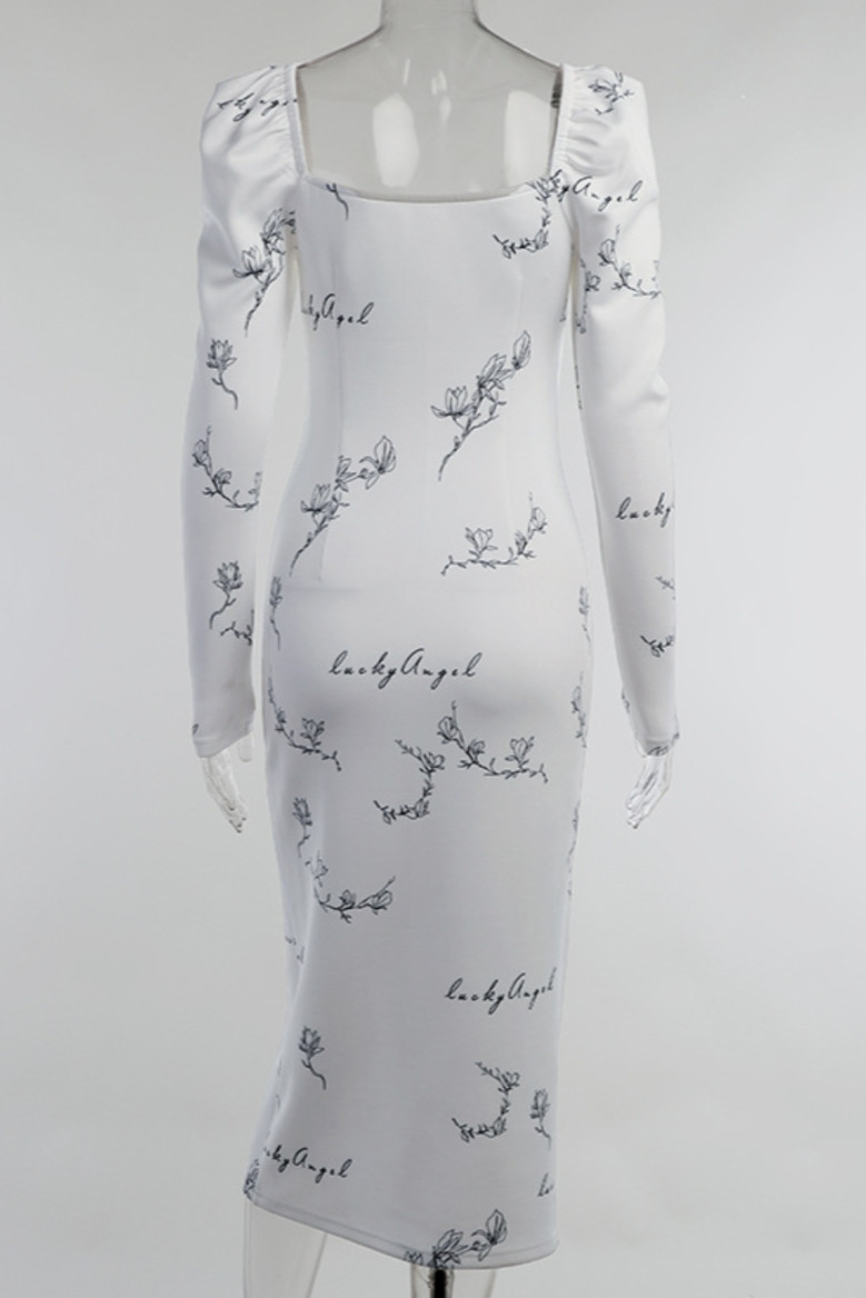 Early Autumn Temperament Square Neck Long Sleeve Letty "Lucky Angel" Batch Printing Stretch High Split Midi Dress