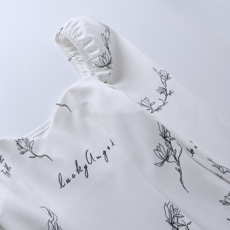 Early Autumn Temperament Square Neck Long Sleeve Letty "Lucky Angel" Batch Printing Stretch High Split Midi Dress