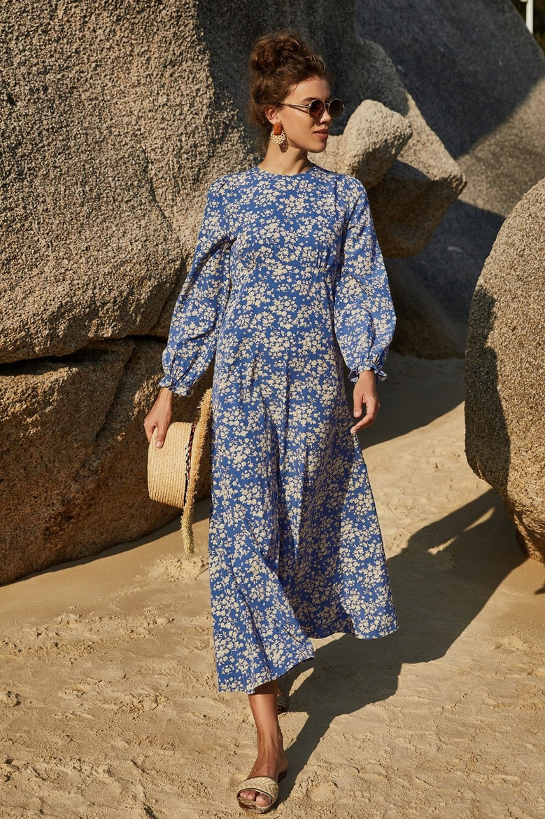 Fashion Retro Floral Batch Printing Long Sleeves Casual Dress