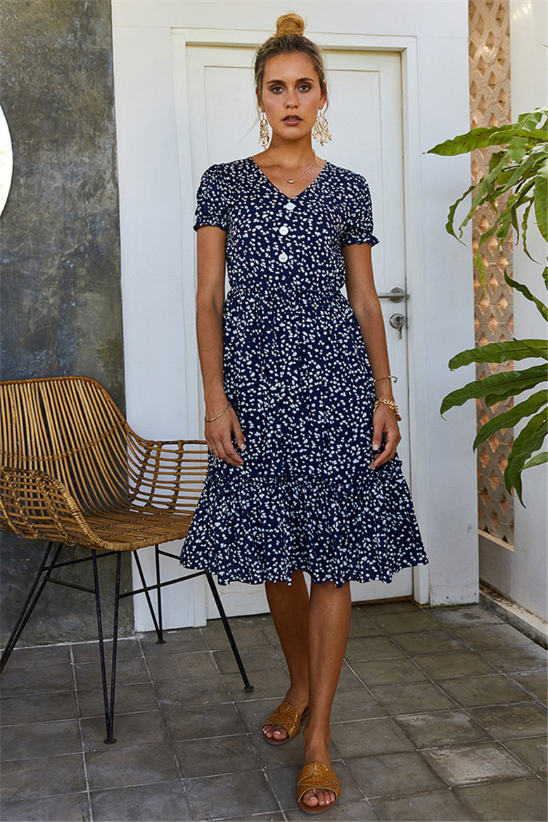 Floral Batch Printing Short-Sleeve Summer New Stylish Buttons Loose Dress