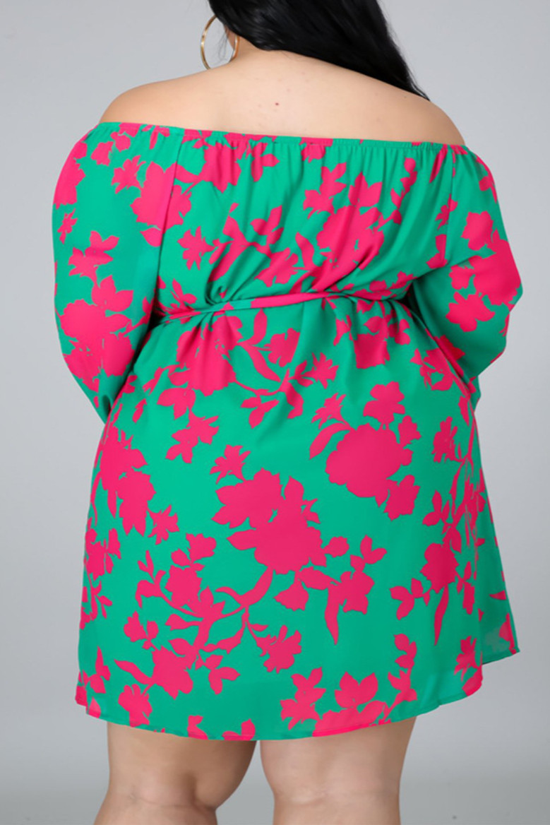 L-4Xl Autumn New All-Over Graphic Batch Printing Stretch Boat-Neck Minimalist Casual Mini Dress With Belt
