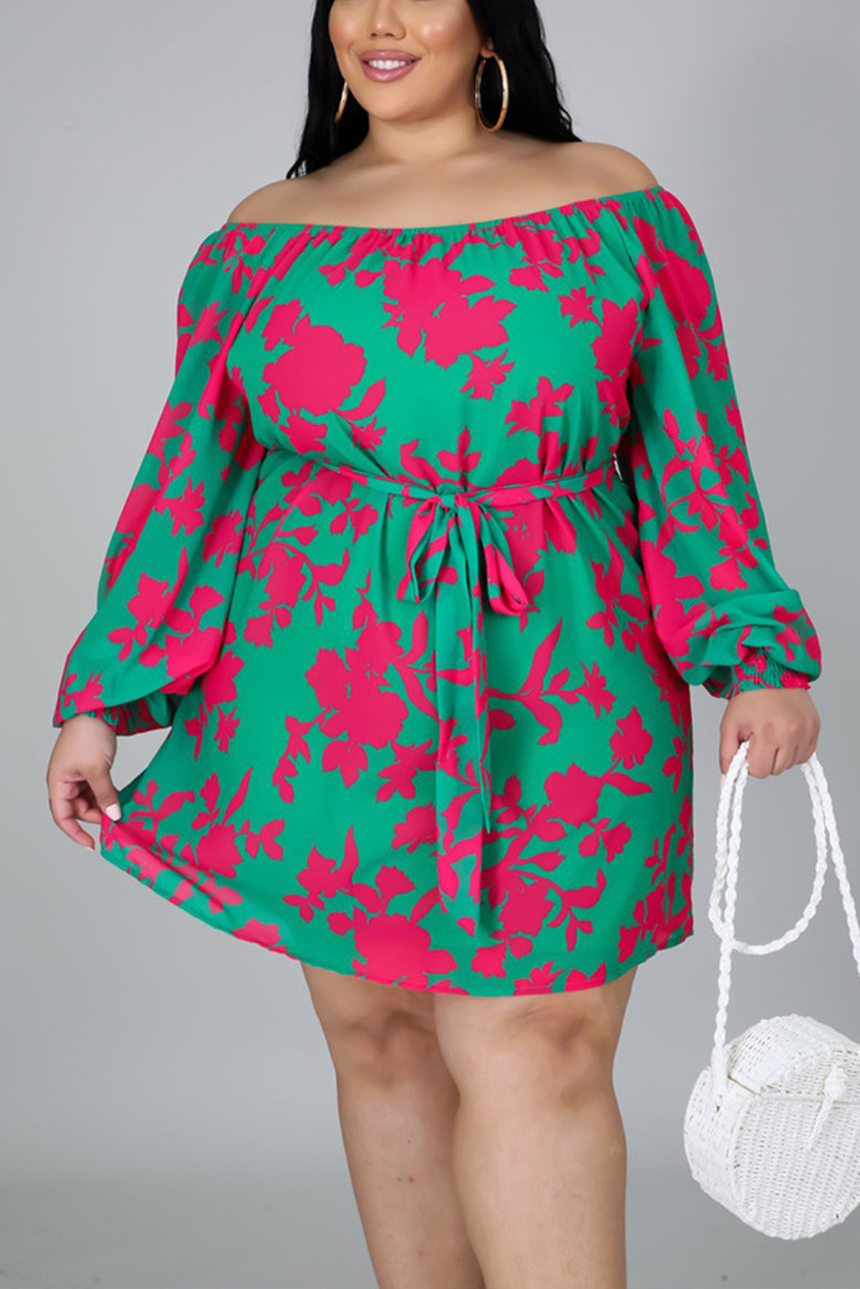 L-4Xl Autumn New All-Over Graphic Batch Printing Stretch Boat-Neck Minimalist Casual Mini Dress With Belt