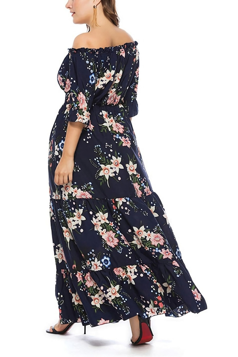 L-4Xl Plus Size Floral Batch Printing Stretch Off-The-Shoulder Ruffle Swing Stylish Holiday Maxi Dress