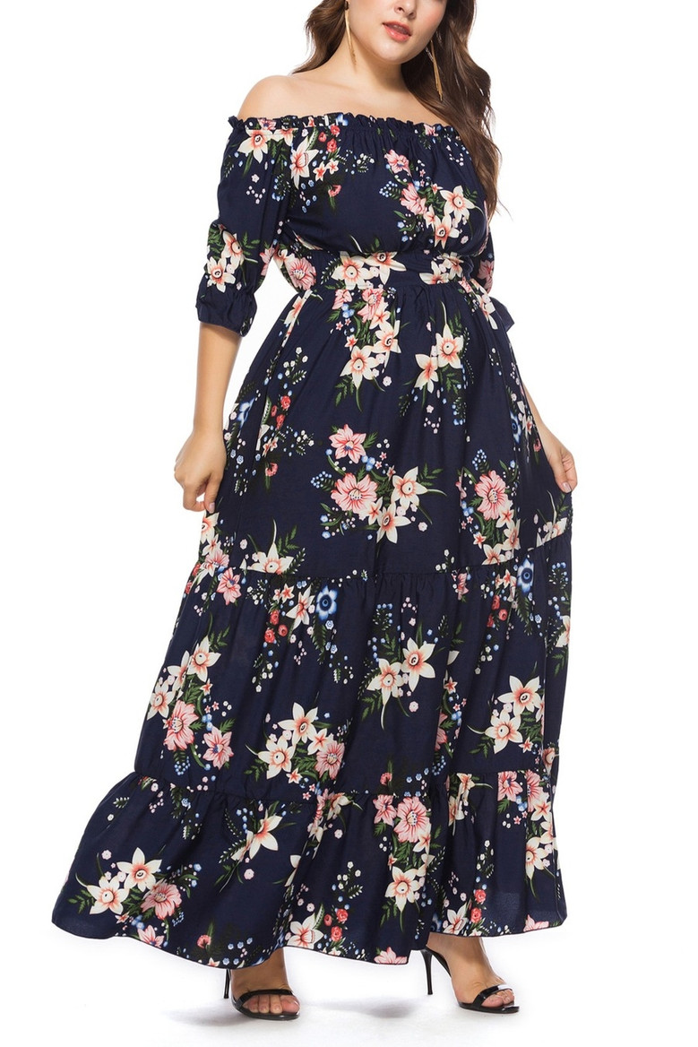 L-4Xl Plus Size Floral Batch Printing Stretch Off-The-Shoulder Ruffle Swing Stylish Holiday Maxi Dress