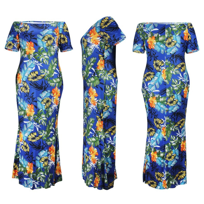 L-4Xl Plus Size Summer New Stylish Stretch Flower & Leaf Printing Off-The-Shoulder Casual Maxi Dress