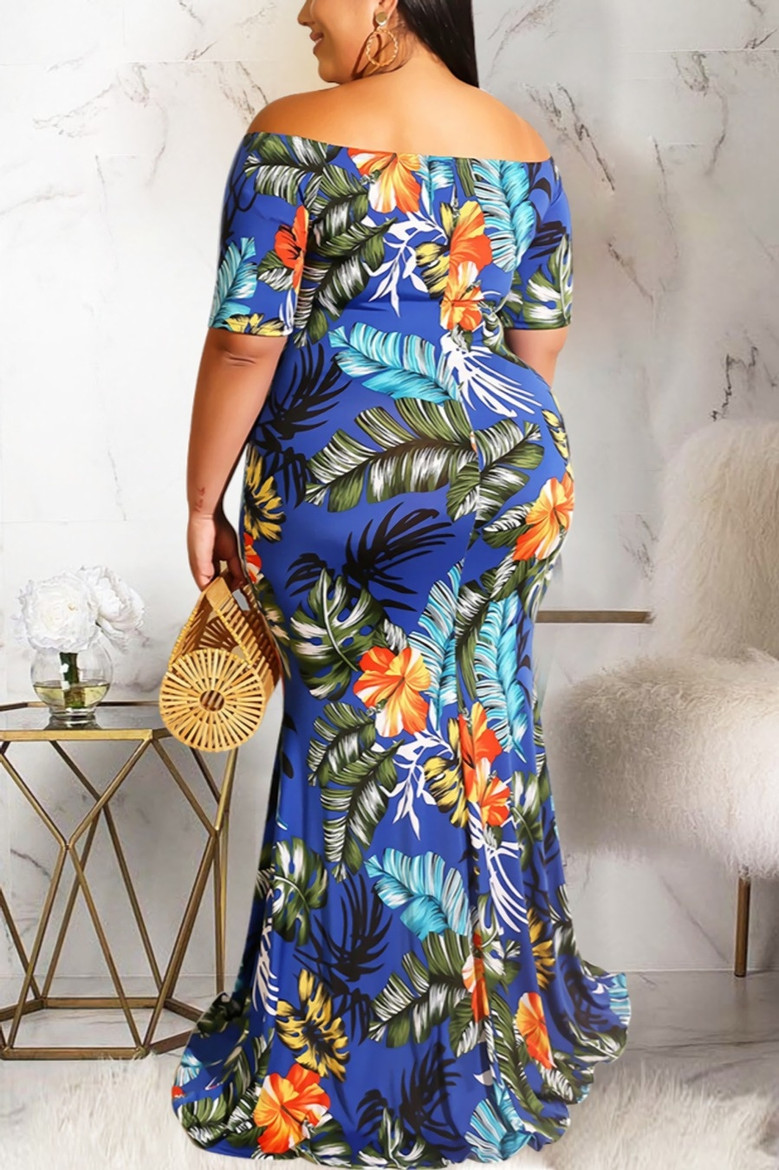 L-4Xl Plus Size Summer New Stylish Stretch Flower & Leaf Printing Off-The-Shoulder Casual Maxi Dress