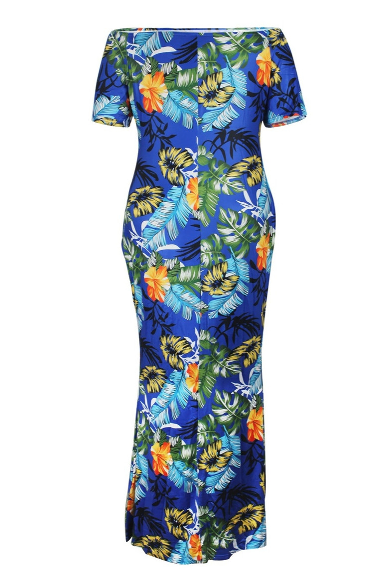 L-4Xl Plus Size Summer New Stylish Stretch Flower & Leaf Printing Off-The-Shoulder Casual Maxi Dress