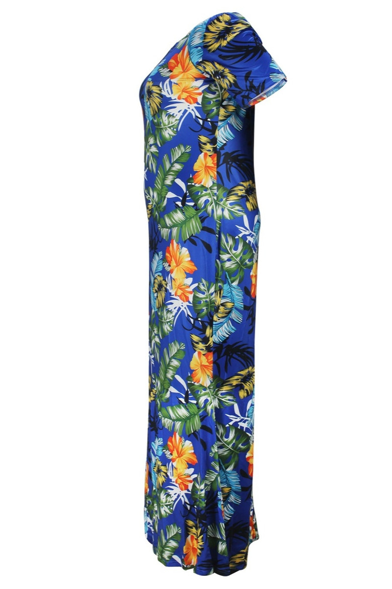L-4Xl Plus Size Summer New Stylish Stretch Flower & Leaf Printing Off-The-Shoulder Casual Maxi Dress