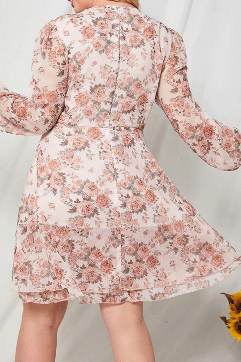 L-4Xl Spring & Summer New Plus Size Allover Floral Batch Printing Inelastic Tatting V-Neck Long-Sleeve Casual Vacation Style Midi Dress