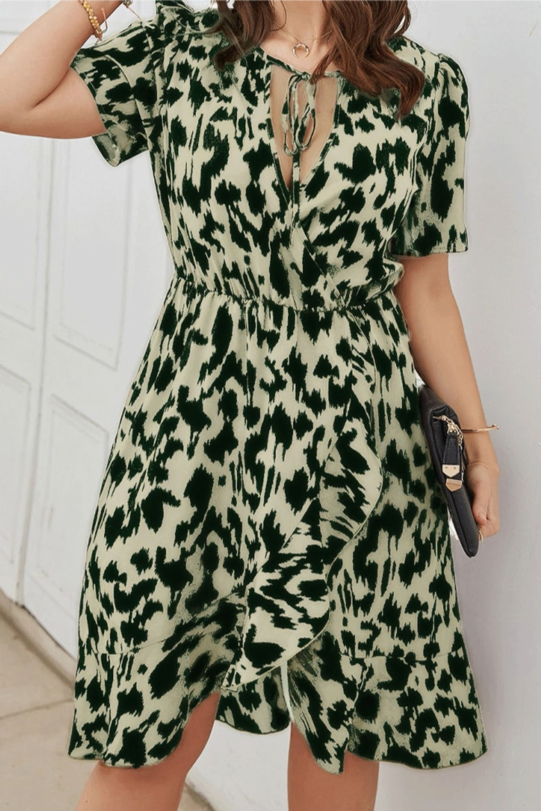 L-4Xl Summer New Plus Size Three Colors Leopard Printing Inelastic Tatting V-Neck Tied Ruffle Casual Midi Dress