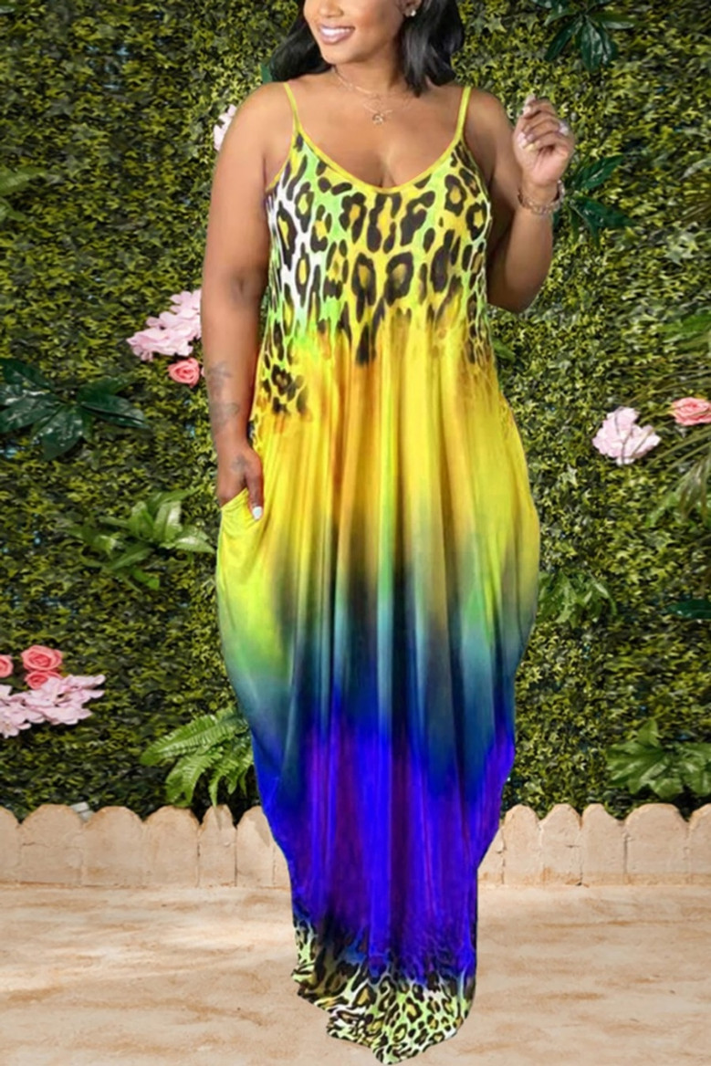 L-5Xl Plus Size Summer New 2 Colors Tie-Dye & Leopard Batch Printing Stretch Pockets Loose Stylish Casual Spaghetti String Maxi Dress