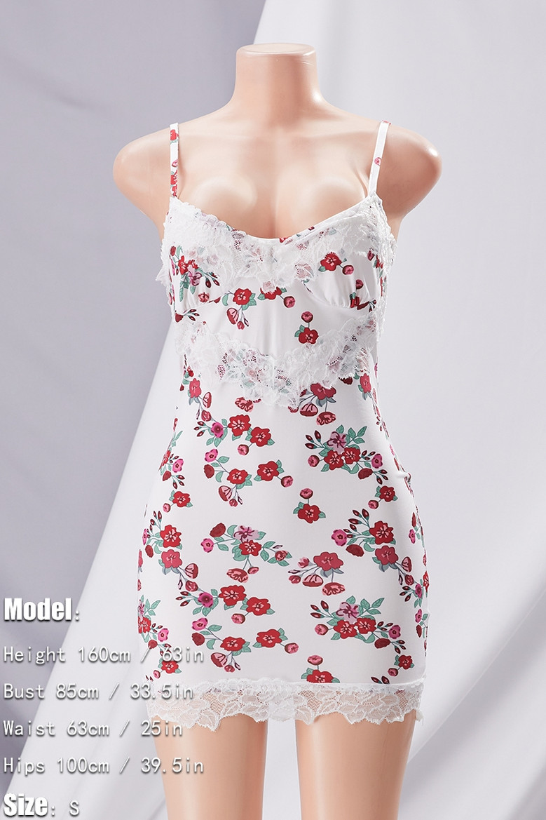 New Floral Print Micro-Elastic Sling Lace Spliced Sexy Sweet Bodycon Dress
